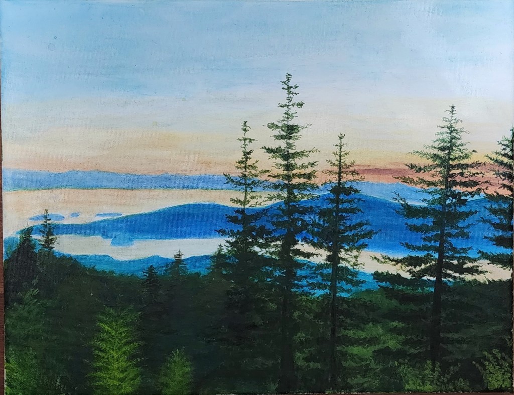 Painting of forest trees in foreground with distant mountains and ocean at sunset