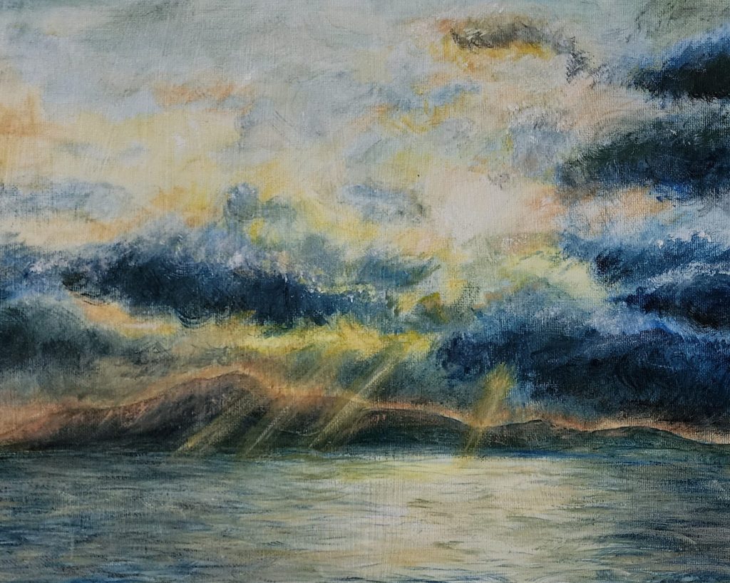 Landscape painting of sun rays shining through storm clouds with distant mountains and ocean