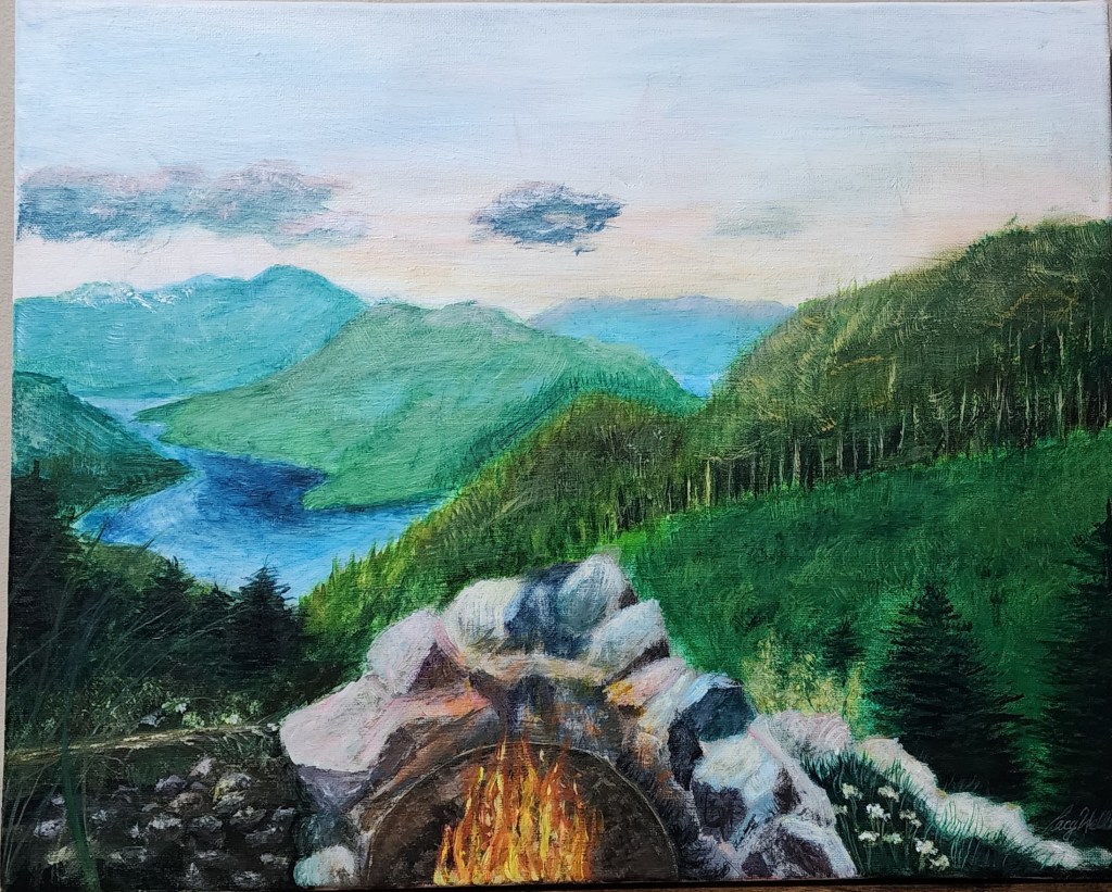Painting of campfire in foreground overlooking ocean and green mountains