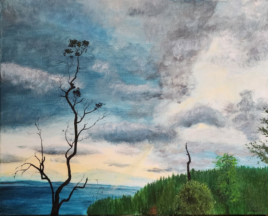 Landscape painting of lone tree above forest with ocean and cloudy sky beyond