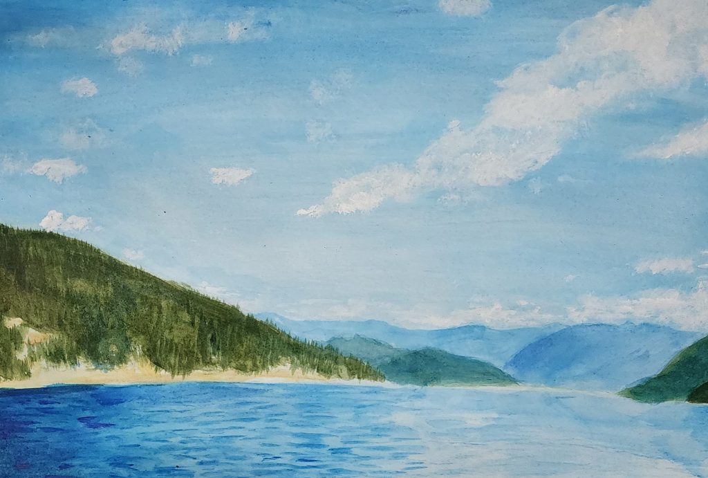 Landscape painting of ocean surrounded by forested mountains under a blue sky