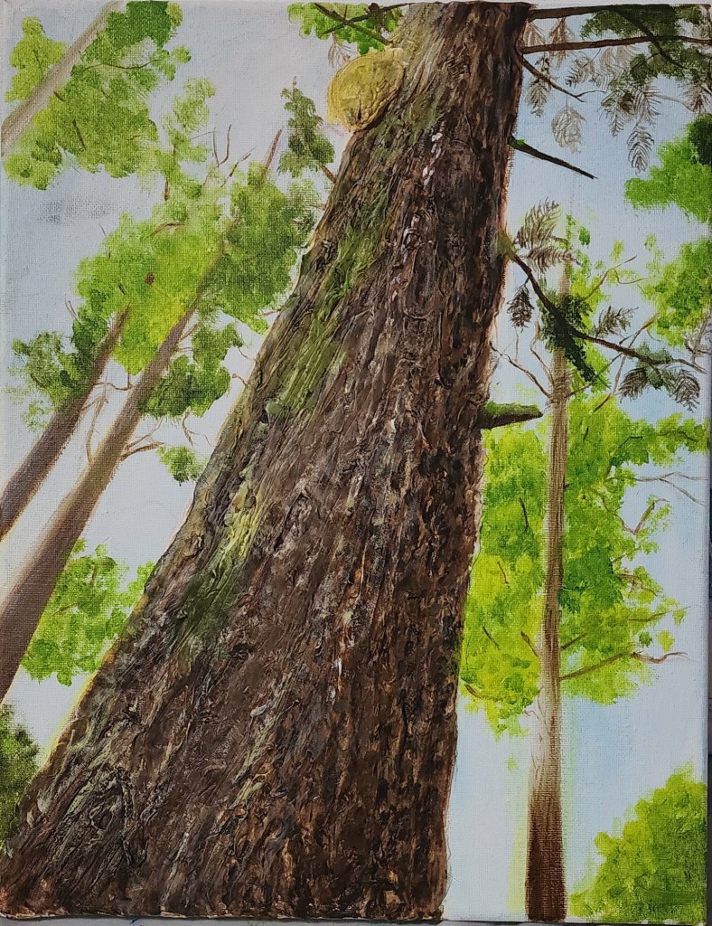 Upward view painting of textured tree trunk surrounded by green forest canopy