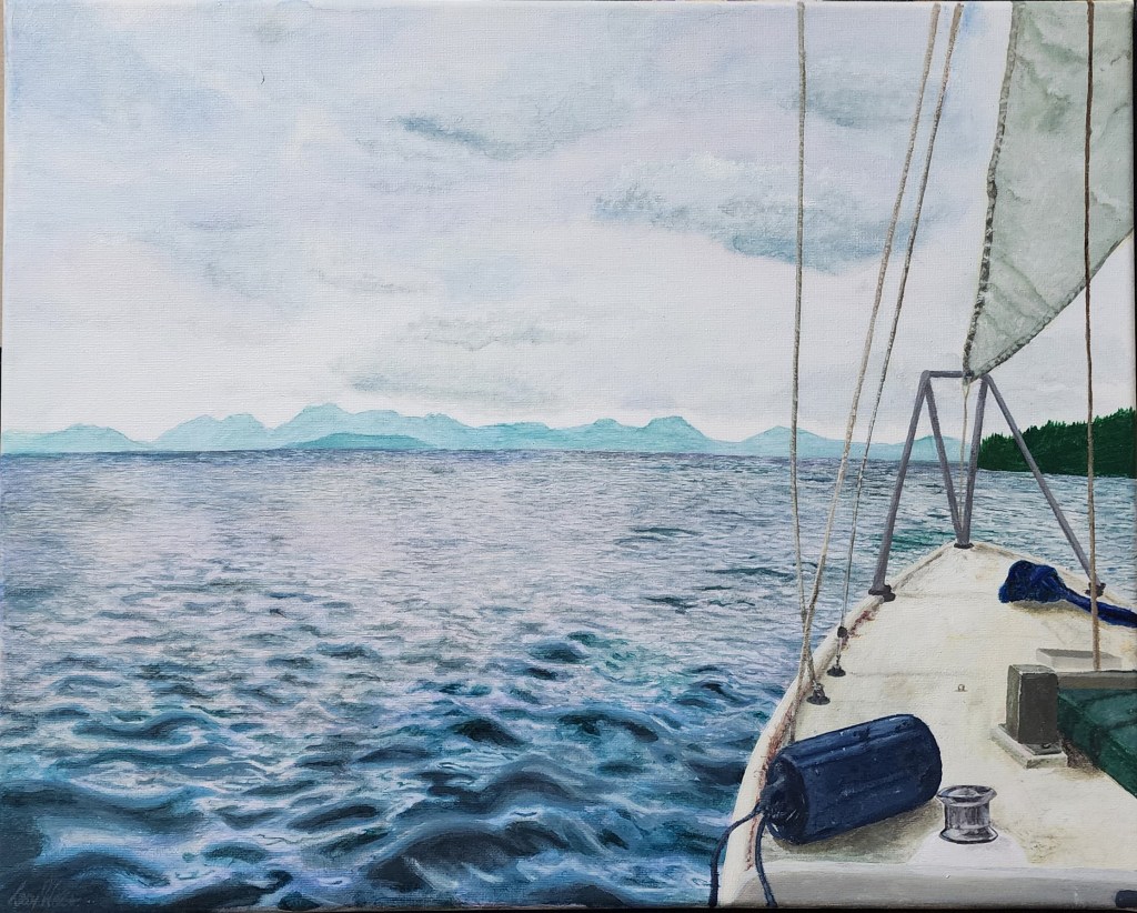 Painting of sailboat deck looking out over open water toward distant mountains